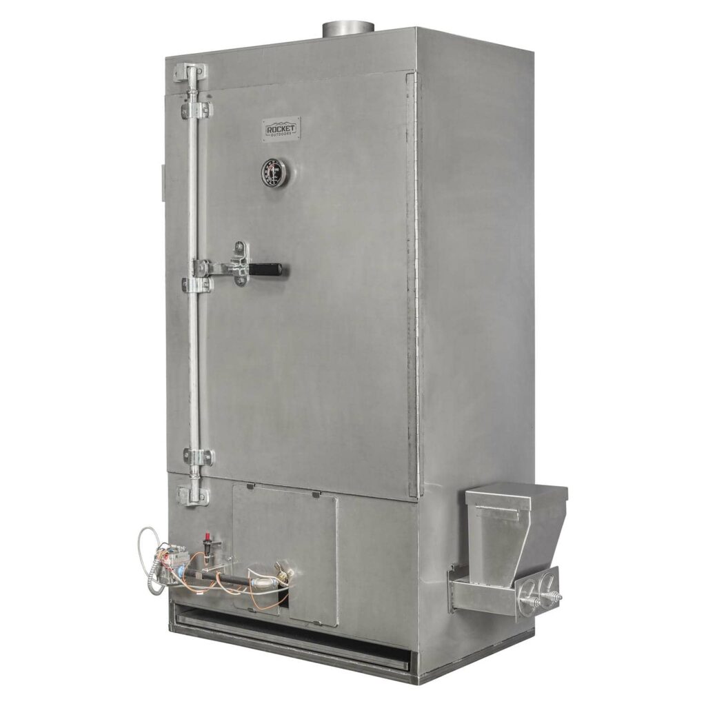 Closed front view of a tall Rocket Outdoors large commercial gas smoker with temperature gauge, side hopper, and stainless-steel construction.