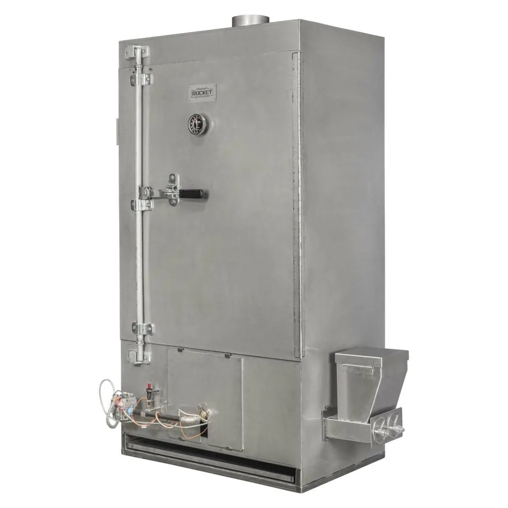 Closed front view of a tall Rocket Outdoors large commercial gas smoker with temperature gauge, side hopper, and stainless-steel construction.