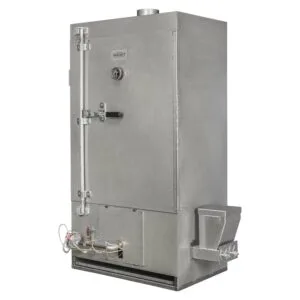 Closed front view of a tall Rocket Outdoors large commercial gas smoker with temperature gauge, side hopper, and stainless-steel construction.