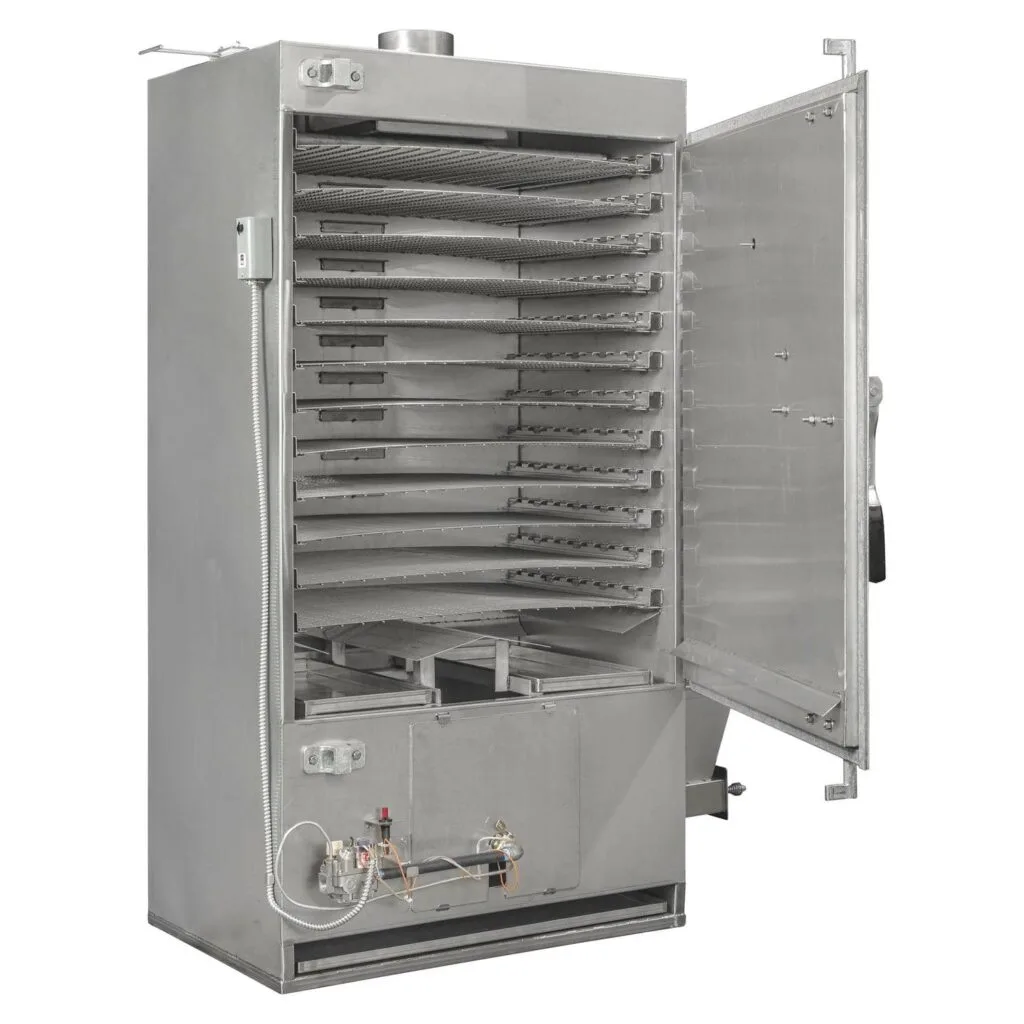 Tall Rocket Outdoors large commercial gas smoker with door open, revealing twelve stainless-steel wire racks above an exposed gas burner.