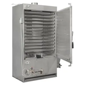 Tall Rocket Outdoors large commercial gas smoker with door open, revealing twelve stainless-steel wire racks above an exposed gas burner.