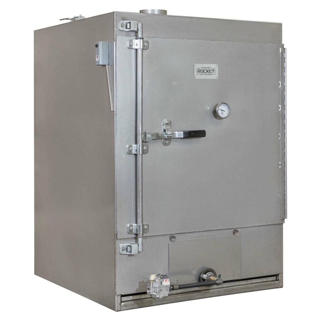 Front view of the Rocket Outdoors medium gas smoker with closed door, temperature gauge, and stainless-steel cabinet body.