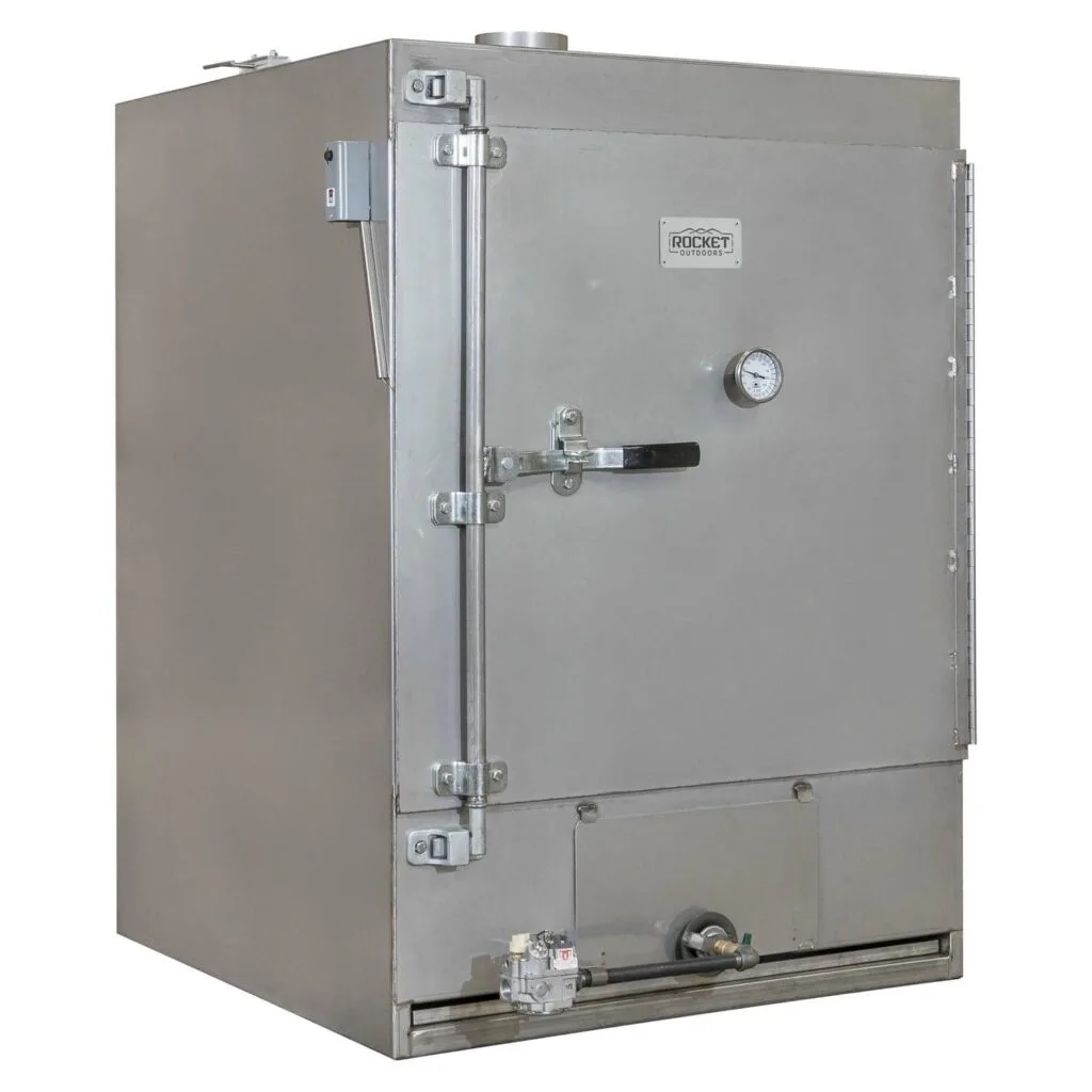 Front view of the Rocket Outdoors medium gas smoker with closed door, temperature gauge, and stainless-steel cabinet body.