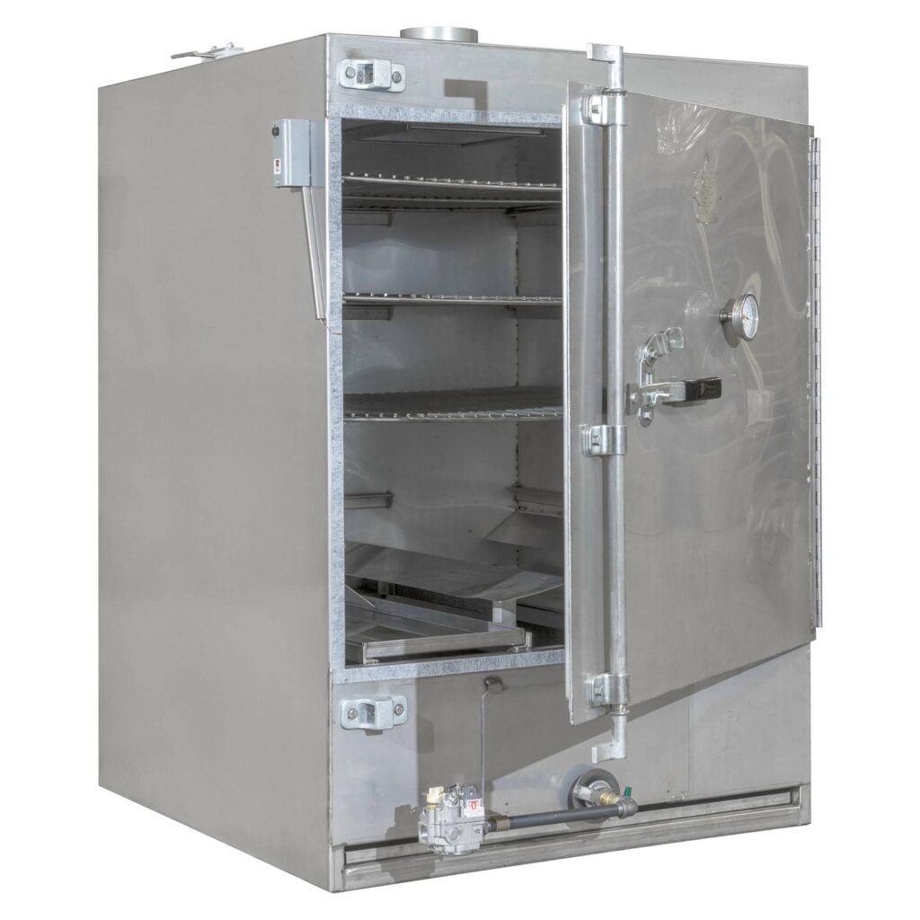 Rocket Outdoors medium gas smoker with door open, showing five interior cooking shelves above the gas burner assembly.