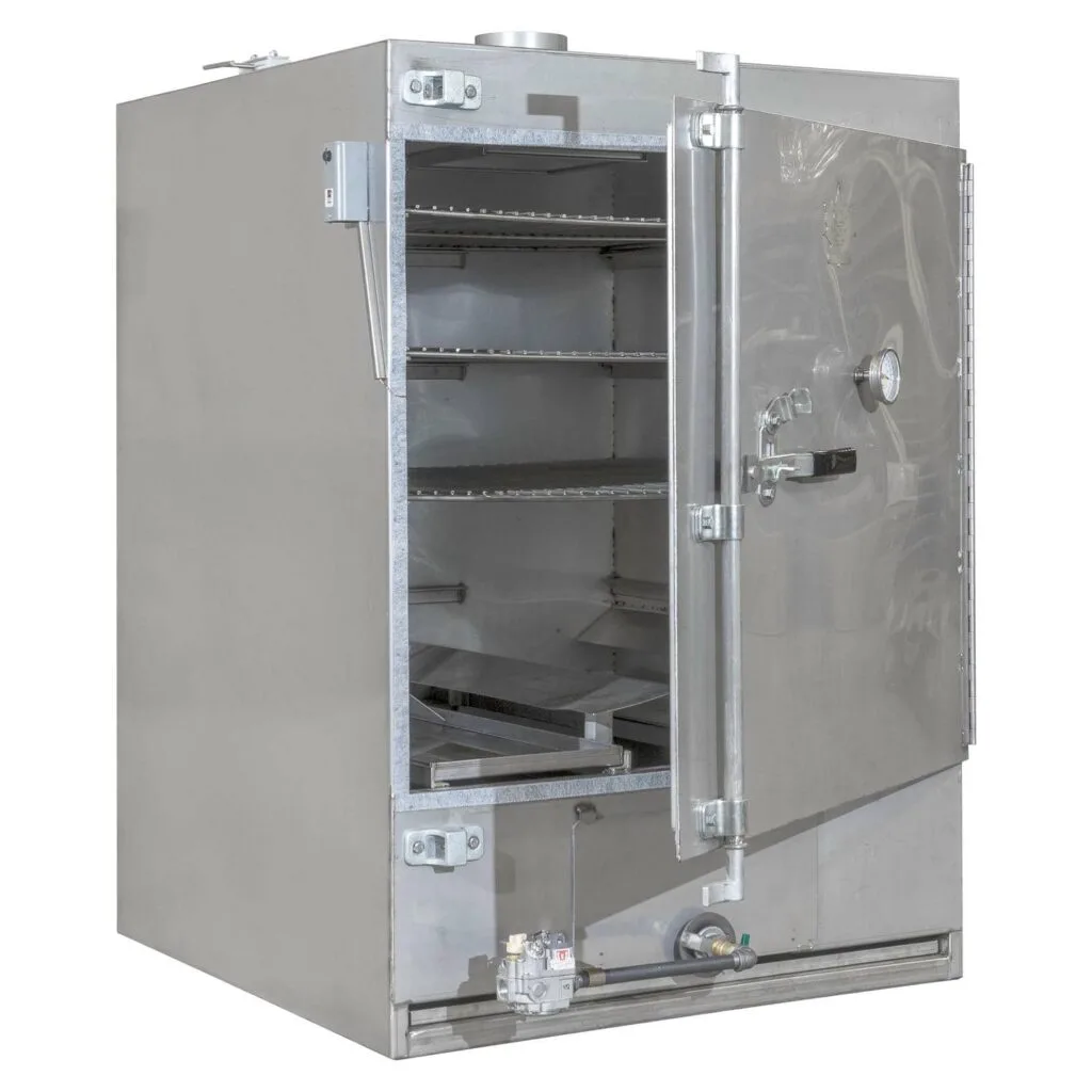 Rocket Outdoors medium gas smoker with door open, showing five interior cooking shelves above the gas burner assembly.
