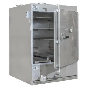 Rocket Outdoors medium gas smoker with door open, showing five interior cooking shelves above the gas burner assembly.