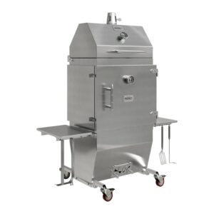 Medium stainless-steel Rocket Outdoors smoker-baker with folded-out side shelf, hanging grilling tools, and red-wheeled casters shown on a black studio background.