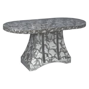 Oval dining table with brushed stainless steel top and sculpted pedestal base from Rocket Outdoors, on a white studio background.