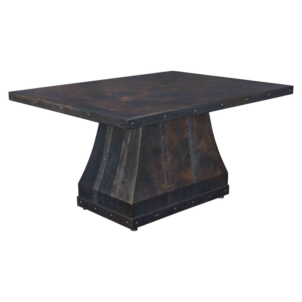 Rectangular metal-top dining table with riveted edge and curved pedestal base from Rocket Outdoors, on a white studio background.