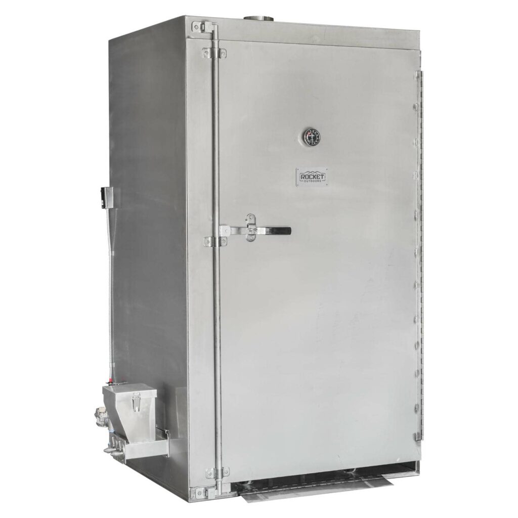 Closed front view of the Rocket Outdoors roll-in gas smoker with temperature gauge, side hopper, and tall stainless-steel cabinet.