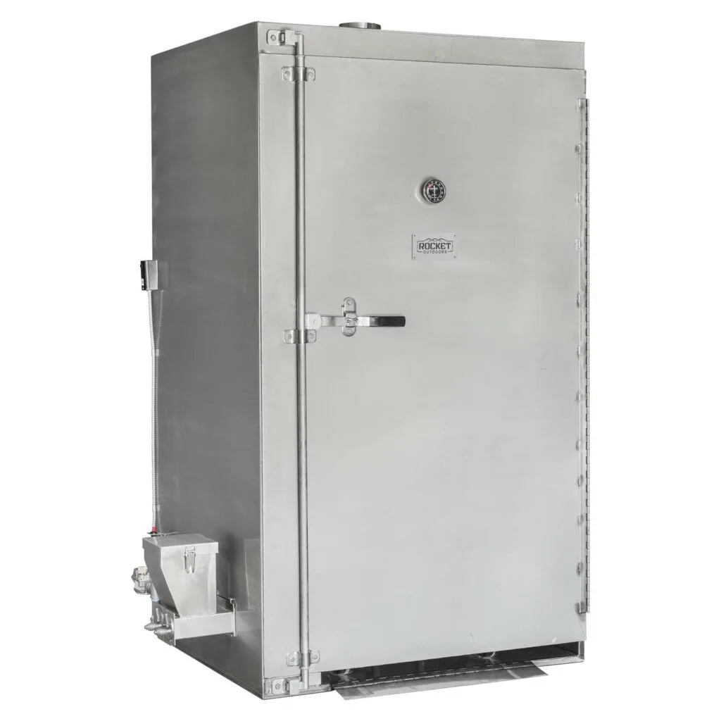Closed front view of the Rocket Outdoors roll-in gas smoker with temperature gauge, side hopper, and tall stainless-steel cabinet.