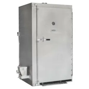 Closed front view of the Rocket Outdoors roll-in gas smoker with temperature gauge, side hopper, and tall stainless-steel cabinet.