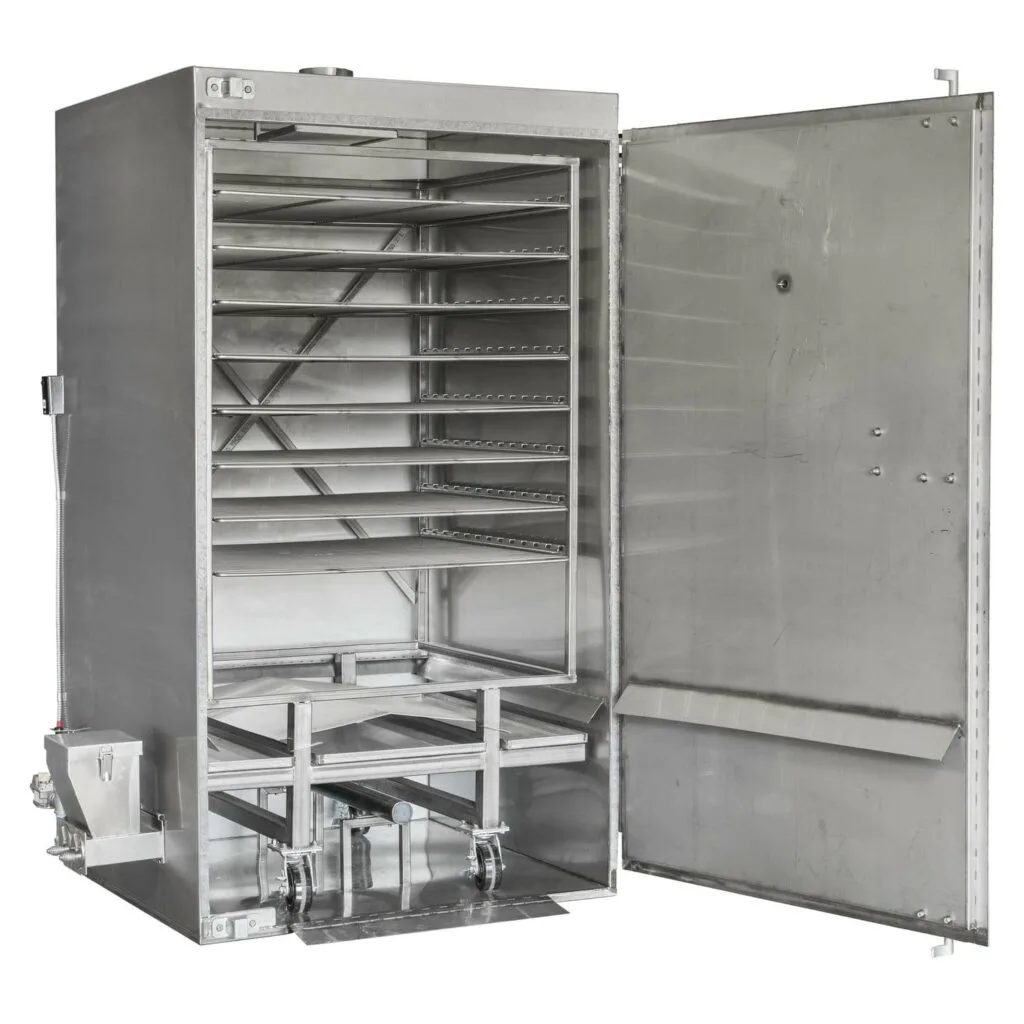 Rocket Outdoors roll-in gas smoker with door open and the wheeled rack cart partially extended, exposing empty interior racks and stainless chamber.