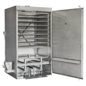 Rocket Outdoors roll-in gas smoker with door open and the wheeled rack cart partially extended, exposing empty interior racks and stainless chamber.