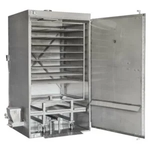 Rocket Outdoors roll-in gas smoker with door open and the wheeled rack cart partially extended, exposing empty interior racks and stainless chamber.
