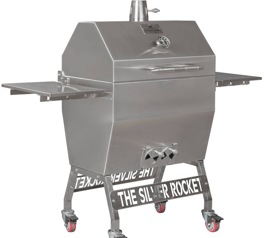 Medium Silver Rocket stainless steel charcoal grill with side shelf, temperature gauge, chimney, and caster wheels.
