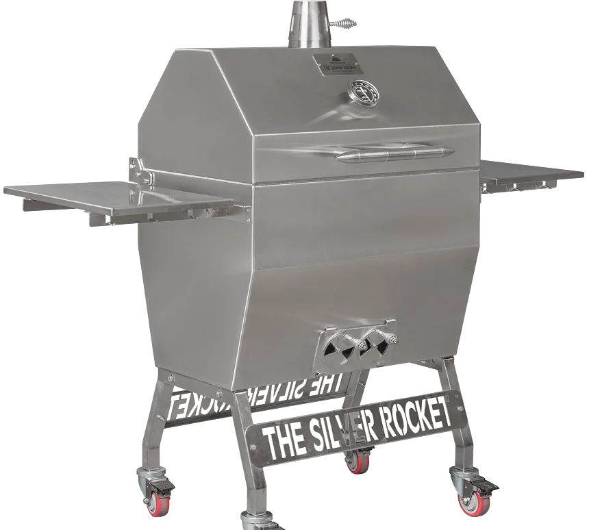 Medium Silver Rocket stainless steel charcoal grill with side shelf, temperature gauge, chimney, and caster wheels.