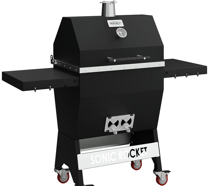 Medium Sonic Rocket black charcoal grill with side shelf, temperature gauge, chimney, and caster wheels.