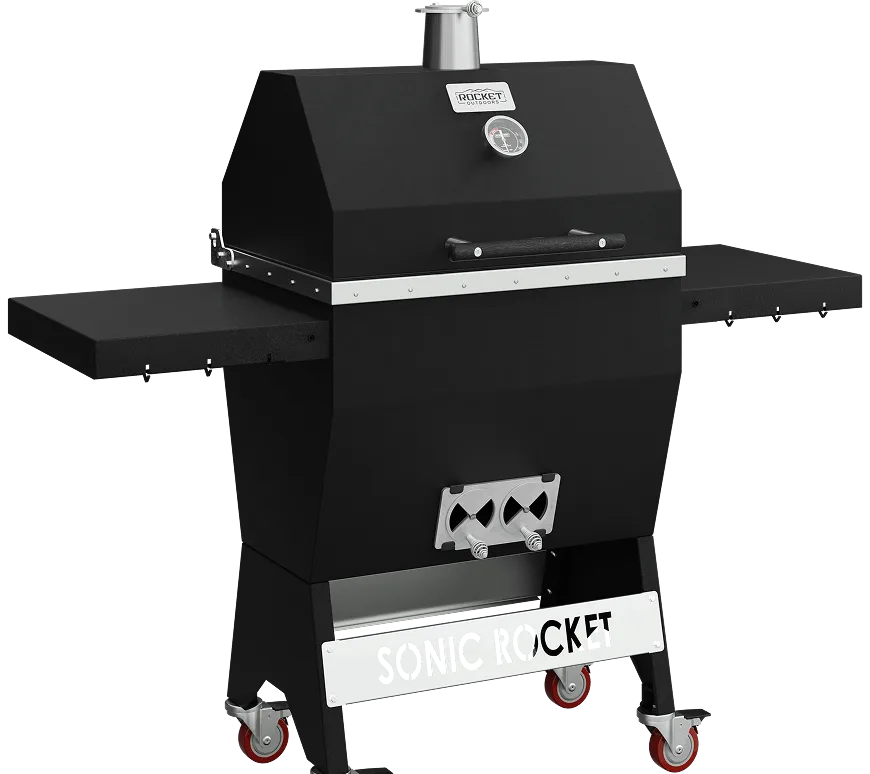 Medium Sonic Rocket black charcoal grill with side shelf, temperature gauge, chimney, and caster wheels.