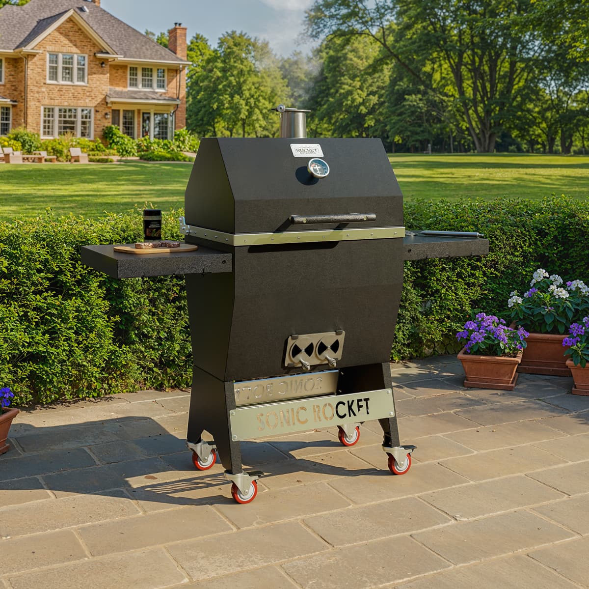 Medium Sonic Rocket charcoal grill on a backyard patio with side shelves, chimney smoke, and a landscaped lawn in the background.