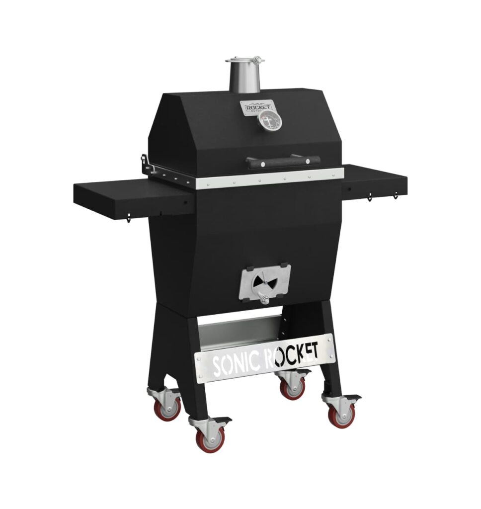 Small Sonic Rocket black charcoal grill with side shelves, temperature gauge, chimney, and caster wheels.