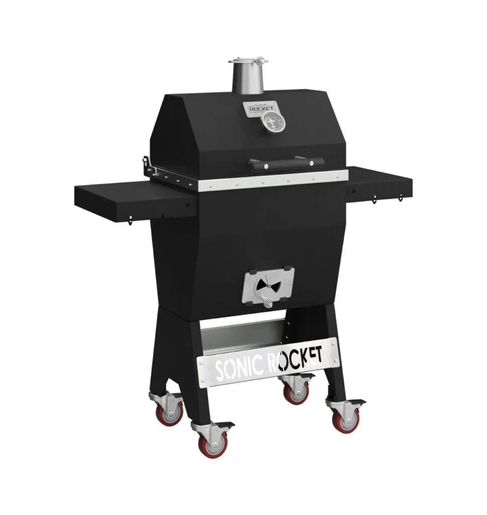 Small Sonic Rocket black charcoal grill with side shelves, temperature gauge, chimney, and caster wheels.