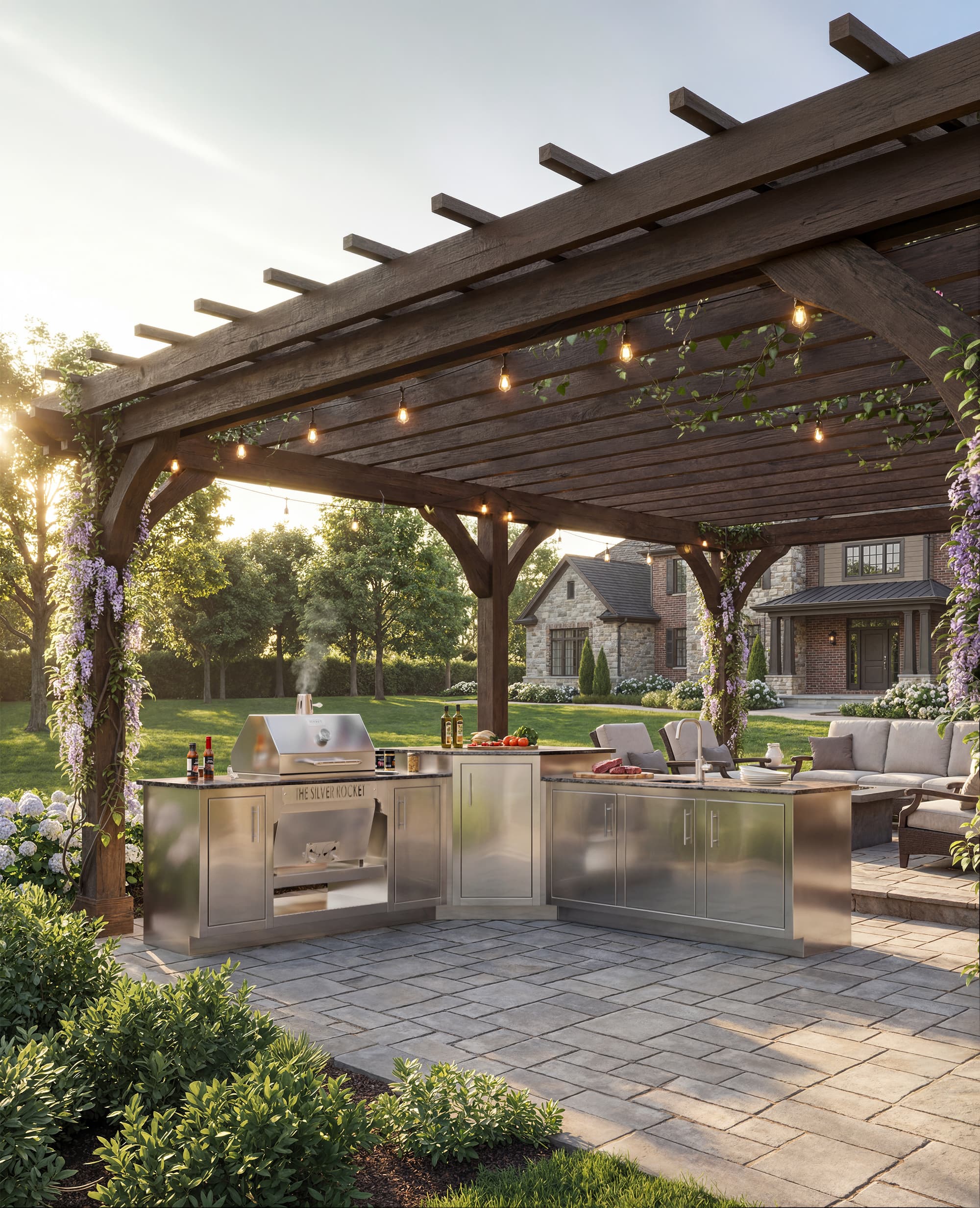 Stainless steel Rocket Outdoors outdoor kitchen with grill, sink, storage cabinets, and bar seating under a wooden pergola.