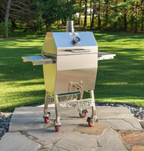Silver rocket charcoal grill front view patio