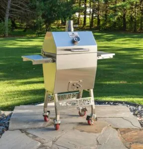 Silver rocket charcoal grill front view patio