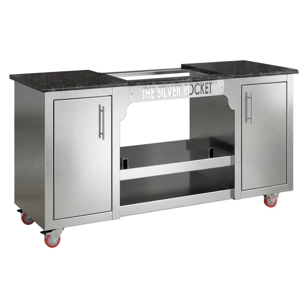 Silver Rocket stainless-steel grill cart with granite countertop, two storage cabinets, and red caster wheels on a white studio background.