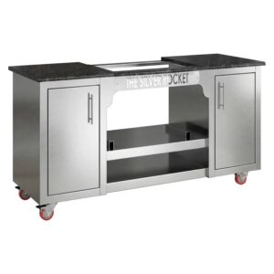 Silver Rocket stainless-steel grill cart with granite countertop, two storage cabinets, and red caster wheels on a white studio background.