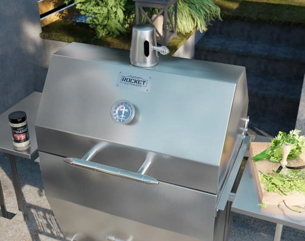 Silver Rocket Grill Lid With Rocket Outdoors Logo and Temperatur