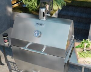 Silver Rocket Grill Lid With Rocket Outdoors Logo and Temperatur