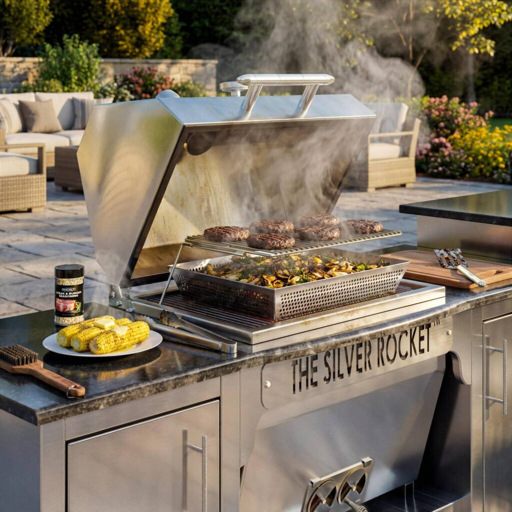 Burgers and vegetables sizzling on an open Silver Rocket grill with steam rising on a stone patio with outdoor lounge furniture.