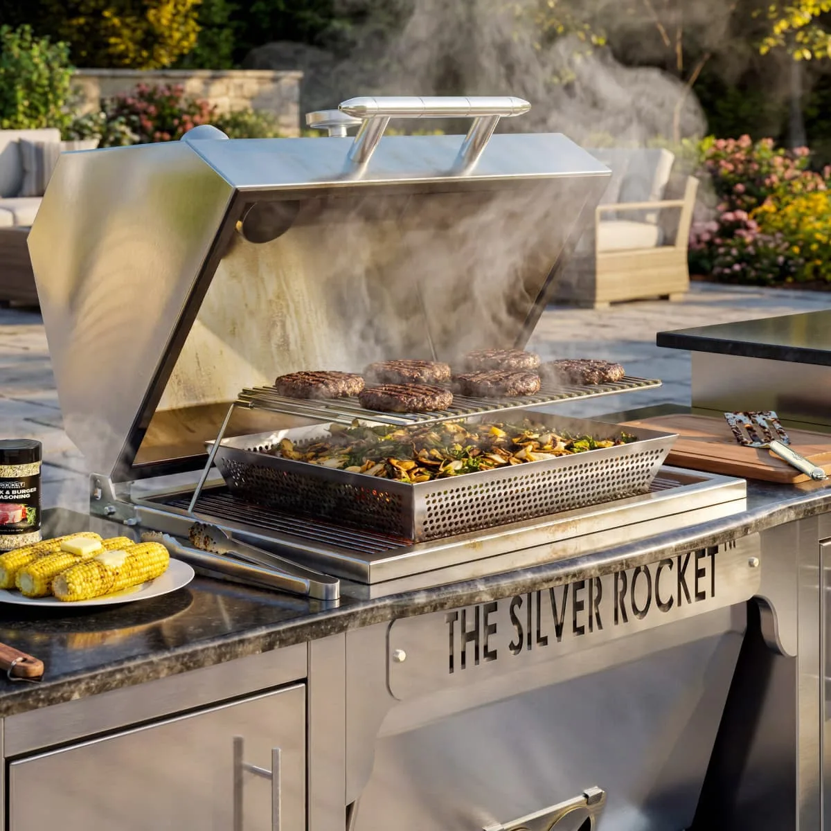 Silver Rocket Grill With Stainless Vegetable Basket And Burgers