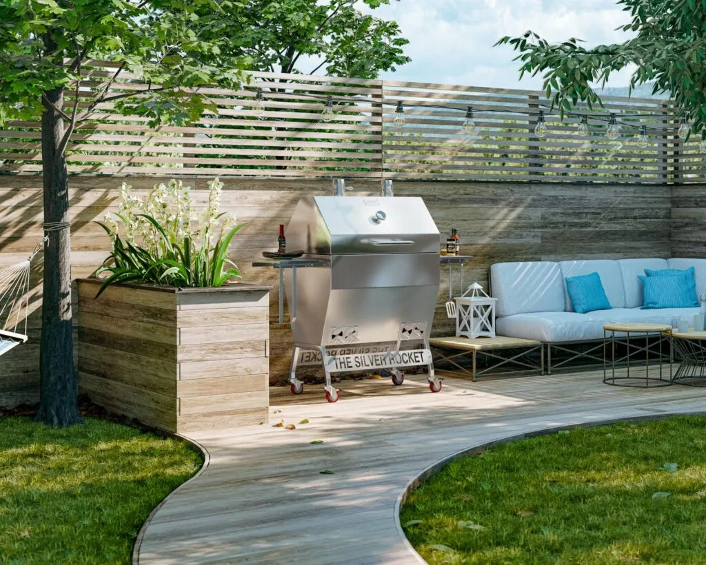 Silver Rocket Large Smoker on an Outdoor Patio Deck