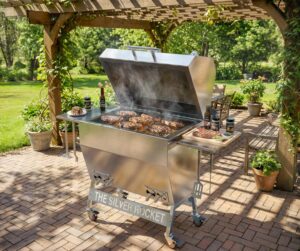 Silver Rocket Large Smoker Grilling Under Backyard Pergola