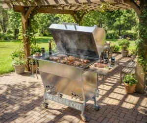 Silver Rocket Large Smoker Grilling Under Backyard Pergola