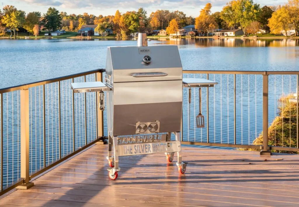 Silver Rocket Medium Grill on Lakeside Dock at Sunset