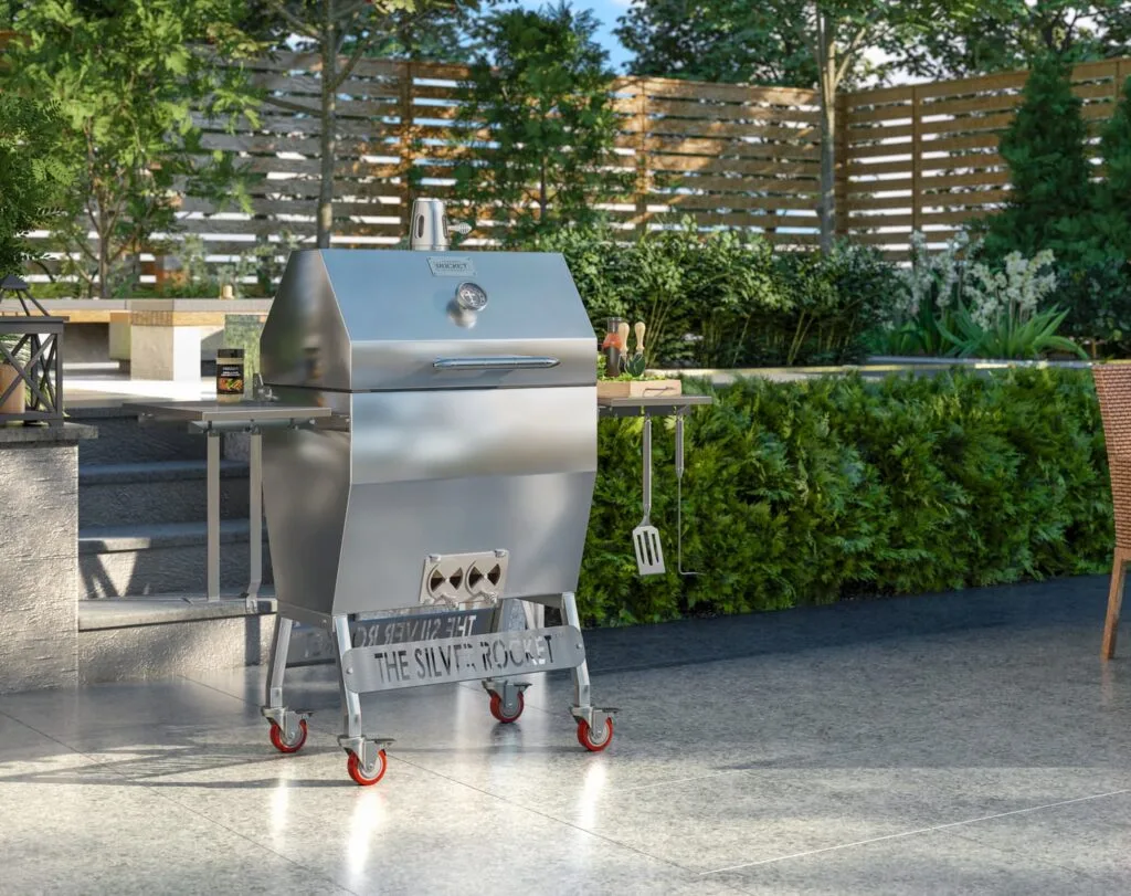 Silver Rocket Medium Grill on Modern Backyard Patio