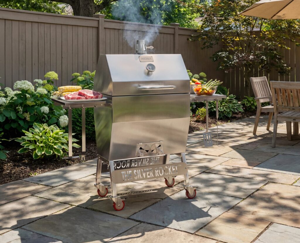 Silver Rocket Medium Grill Smoking on Flagstone Backyard Patio