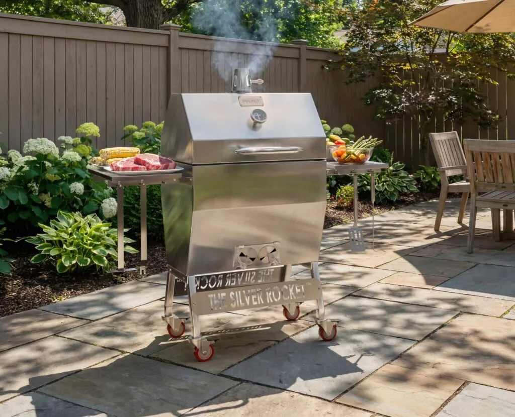 Silver Rocket Medium Grill Smoking on Flagstone Backyard Patio