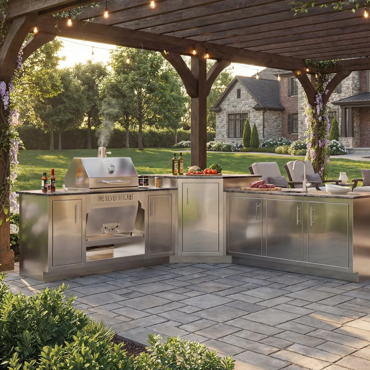 Silver Rocket Outdoor Kitchen Under Pergola With Stone Patio
