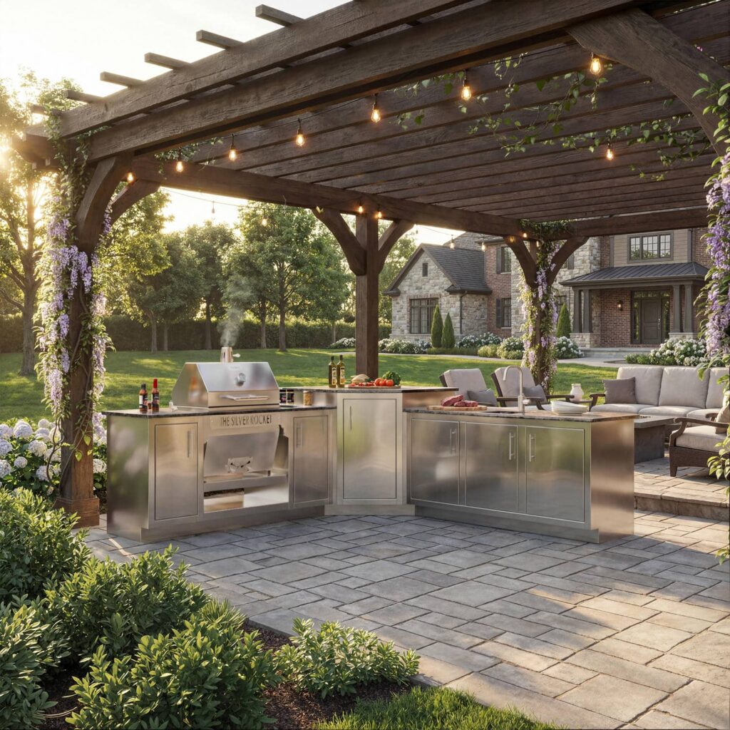 Silver Rocket stainless steel outdoor kitchen with built-in grill under a wooden pergola strung with cafe lights at golden hour.