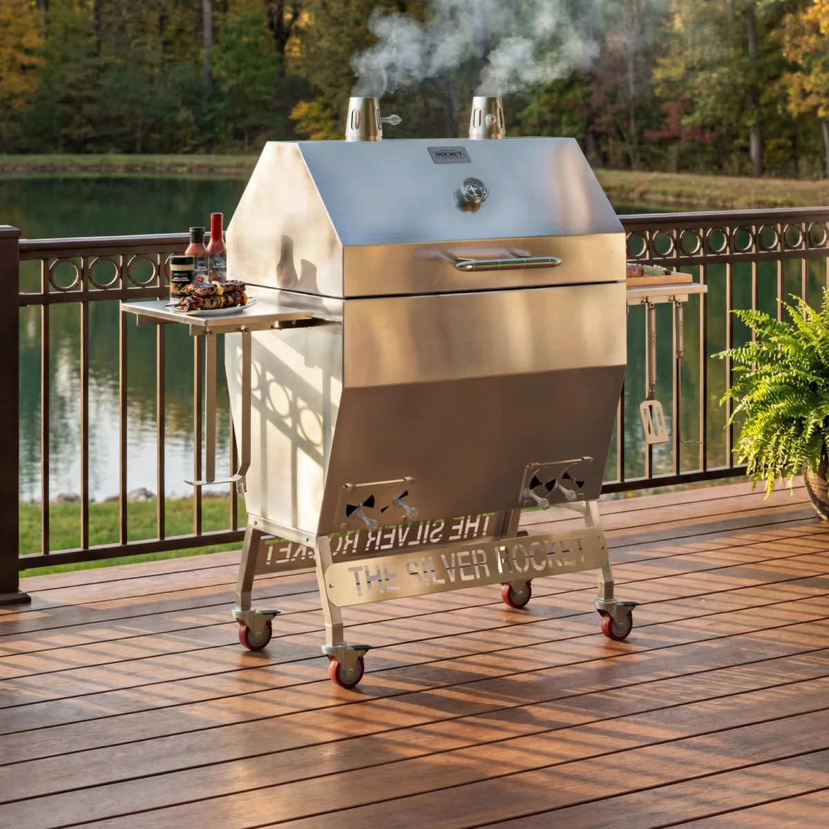 Rocket Outdoors Silver Rocket Smoker on Lakeside Deck