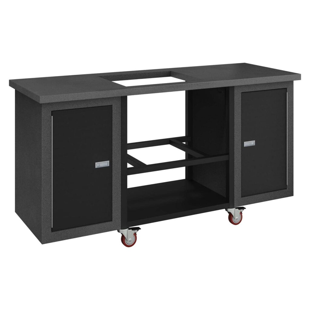 Silvervein and tex black Sonic Rocket cart base with rectangular cutout for the grill insert, twin cabinets, and red caster wheels.