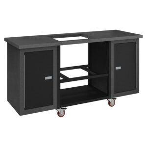Silvervein and tex black Sonic Rocket cart base with rectangular cutout for the grill insert, twin cabinets, and red caster wheels.