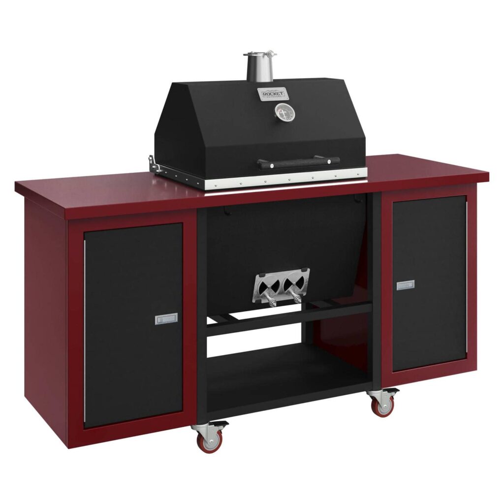 Sonic Rocket charcoal grill in tex black sits on a burgundy rolling cart with black cabinet doors and red caster wheels.