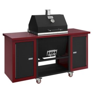 Sonic Rocket charcoal grill in tex black sits on a burgundy rolling cart with black cabinet doors and red caster wheels.