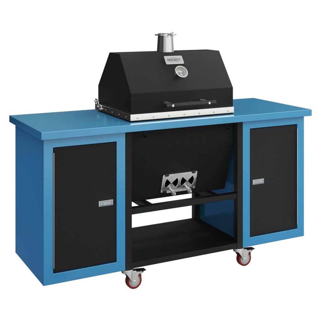 Sonic Rocket charcoal grill in tex black mounted on a light blue rolling cart with black cabinet doors and red caster wheels.